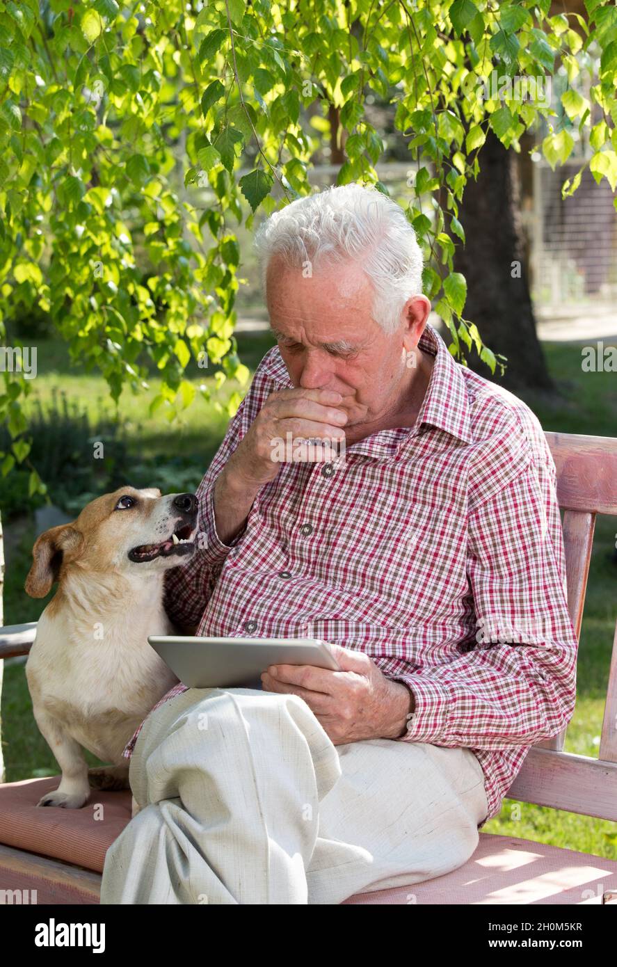 Sad senior man with his dog sitting on bench in garden, looking at tablet and crying Stock Photo