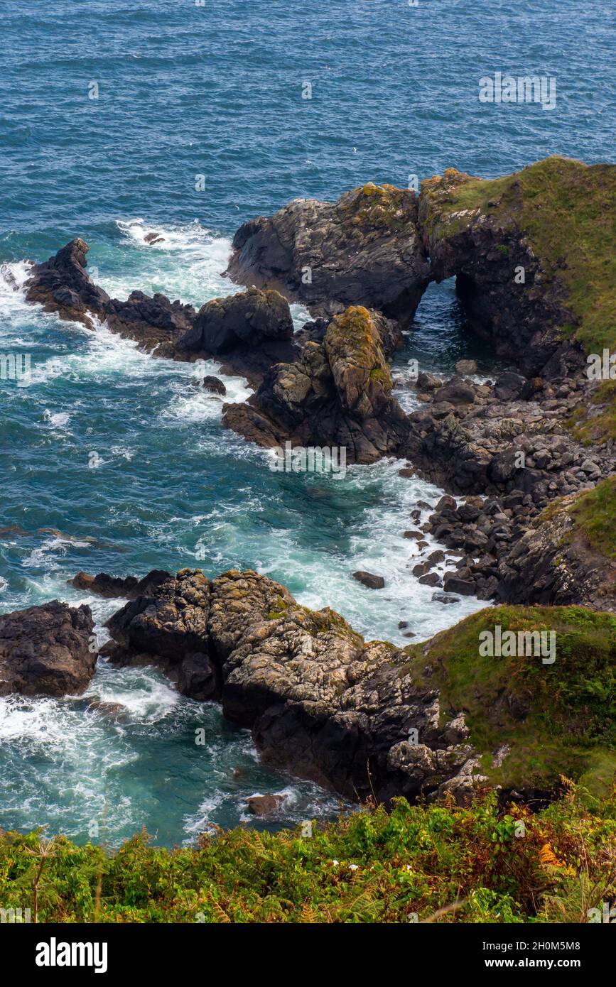 Rock arch and coastline in summer on the South West Coast Path at Lizard Point in south Cornwall England UK. Stock Photo