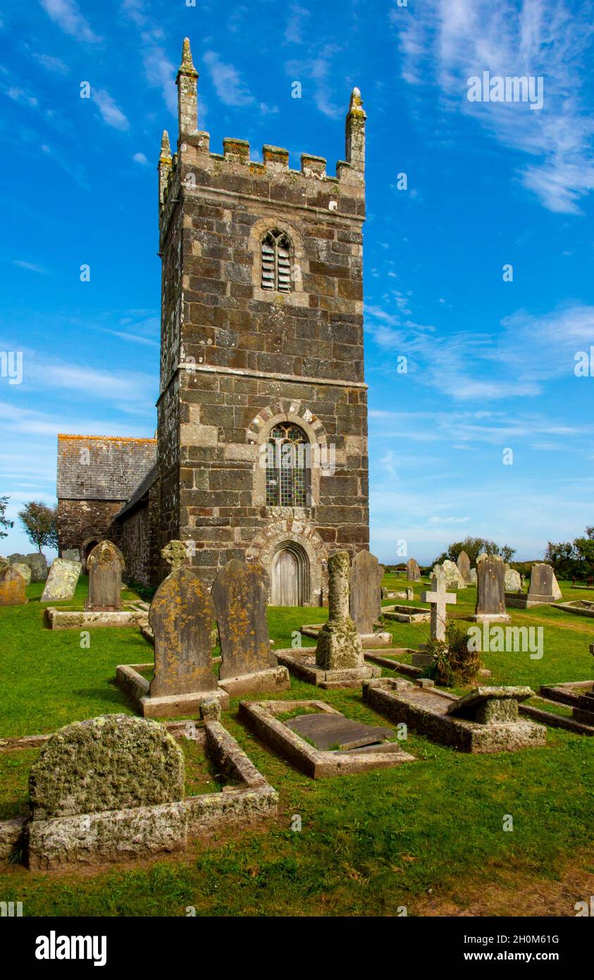 St Grada and Holy Cross Church, Grade, The Lizard, Cornwall, England, UK an Anglican church with parts dating from the thirteenth century. Stock Photo