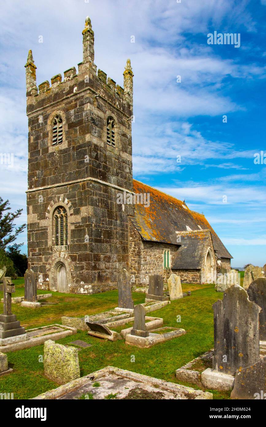 St Grada and Holy Cross Church, Grade, The Lizard, Cornwall, England, UK an Anglican church with parts dating from the thirteenth century. Stock Photo
