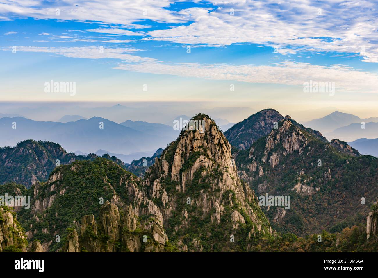 Morning view of mountain range, peak of Mount Huangshan, Anhui, China Stock Photo