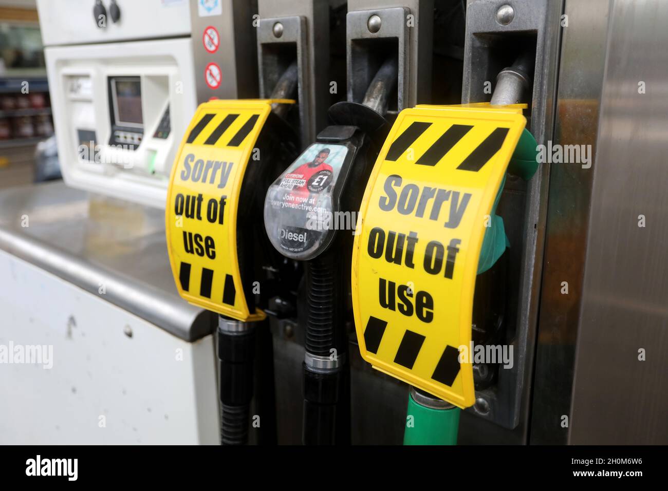 Petrol pumps showing petrol out of service but diesel still in use. Hampshire, UK. Stock Photo