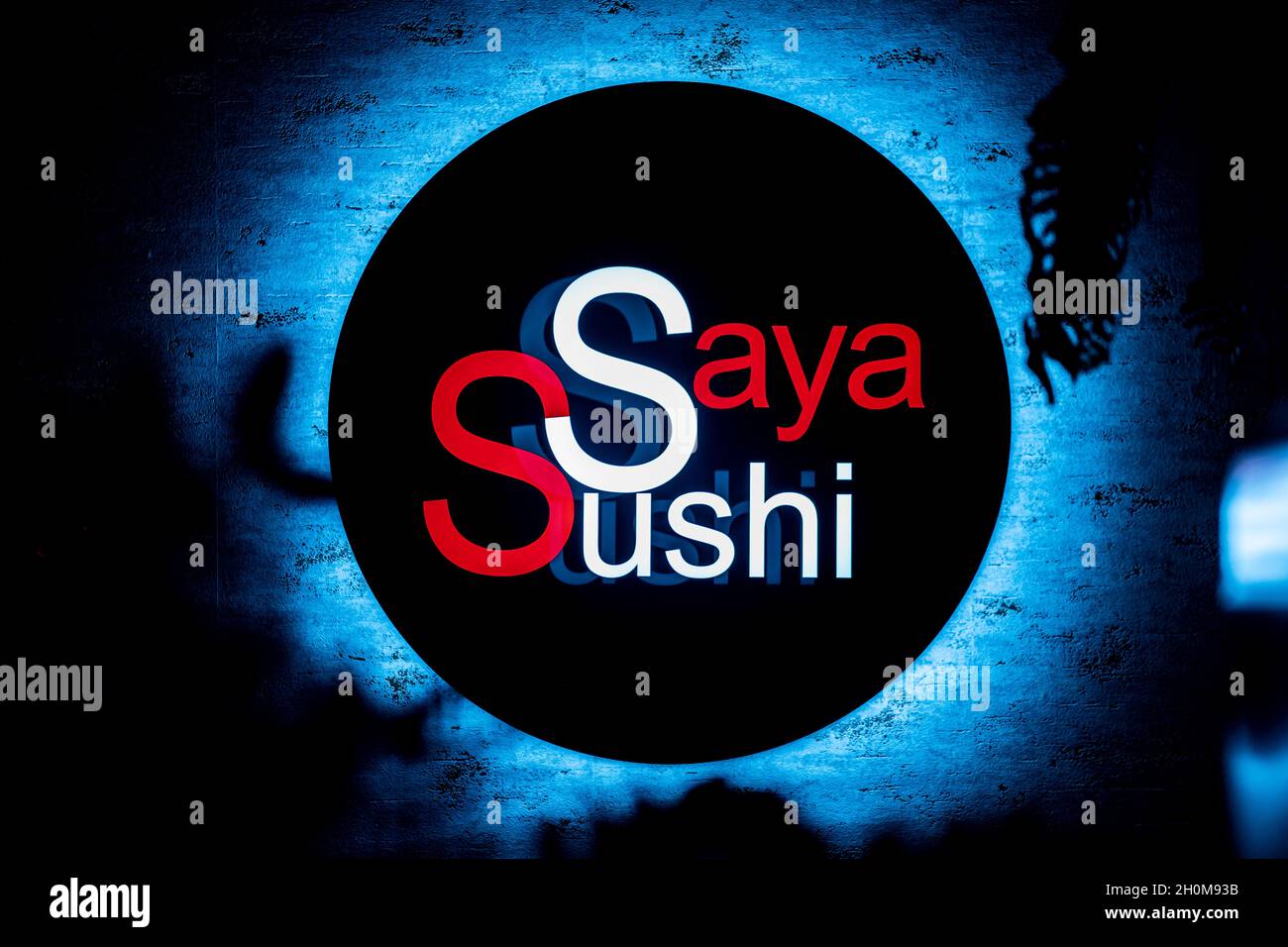 Saya Sushi neon in Warsaw Stock Photo