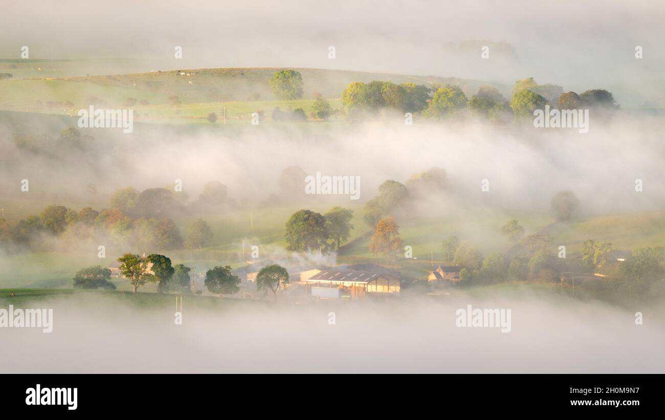 The rural landscape of Craven District is draped in fog on an early October morning, with trees and farm buildings visible here and there in the mist. Stock Photo