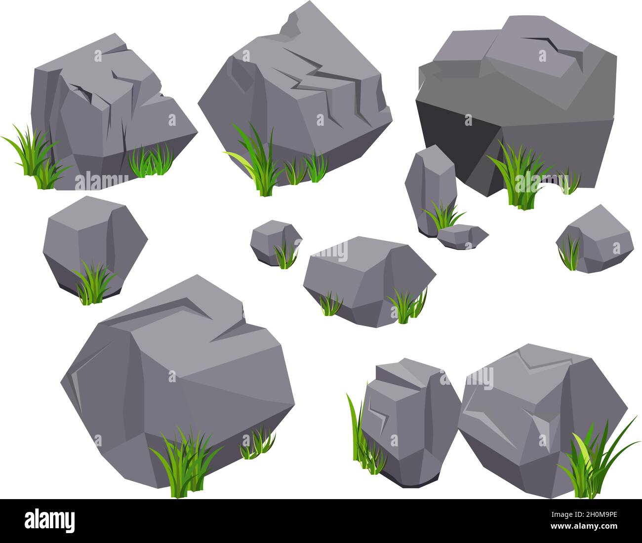 Vector rock stone and grass set variety shape for cartoon. Stones and rocks in isometric 3d flat style. Set of different boulders. Cartoon or Video Ga Stock Vector