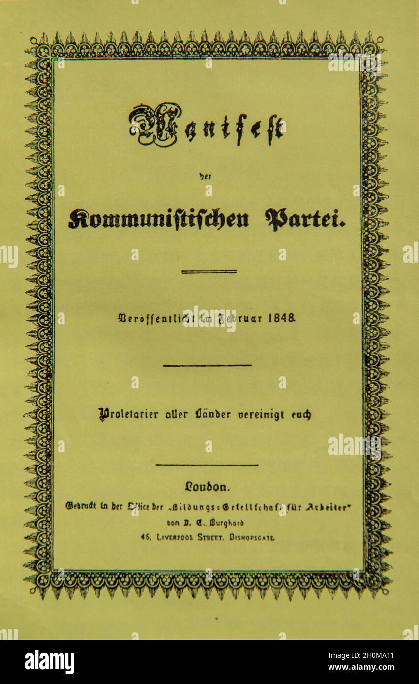 The cover of the first edition of the Communist Manifesto in 1848. Stock Photo