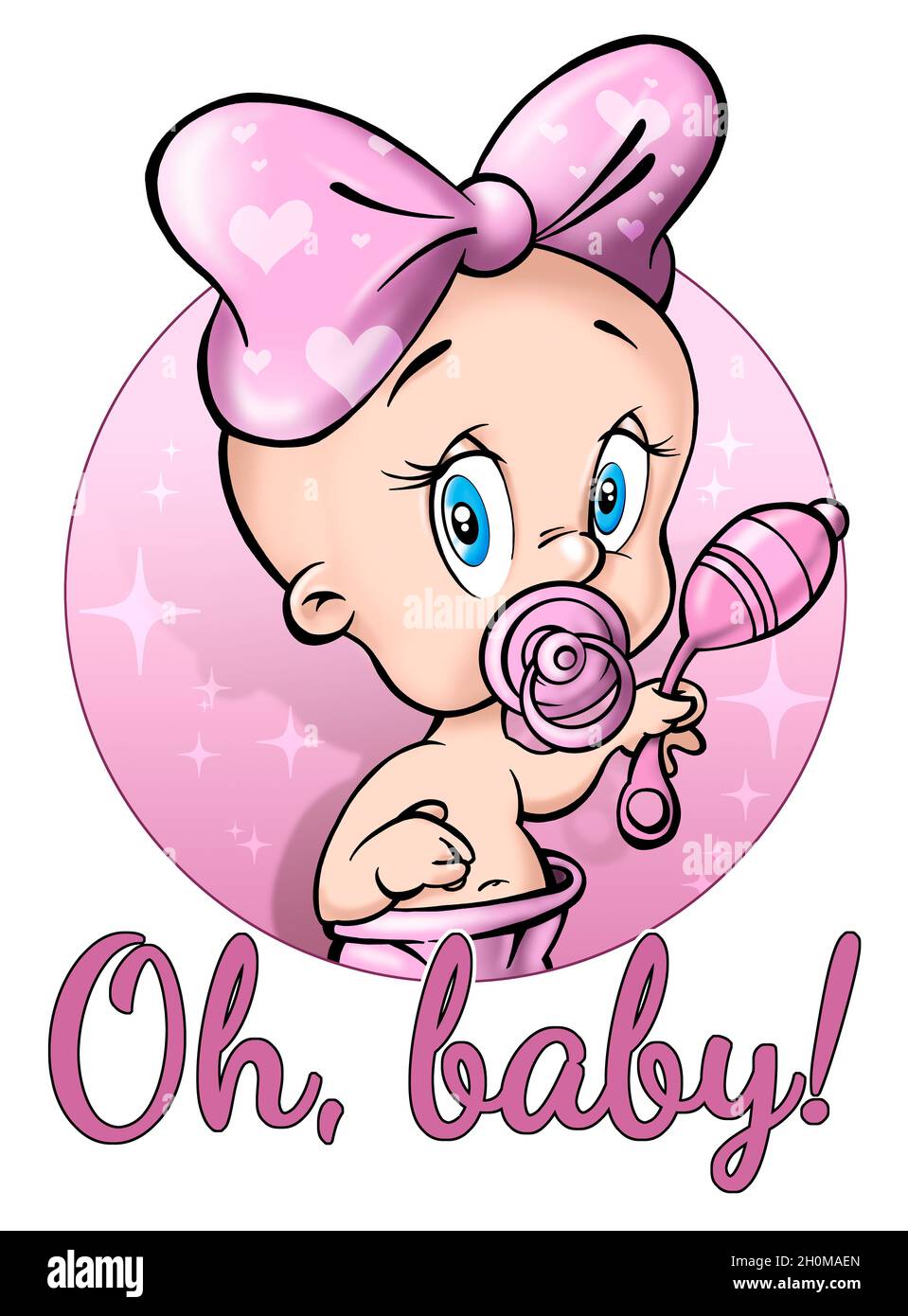 Cute baby with a pink bow and rattle and the inscription Oh, baby! Stock Photo
