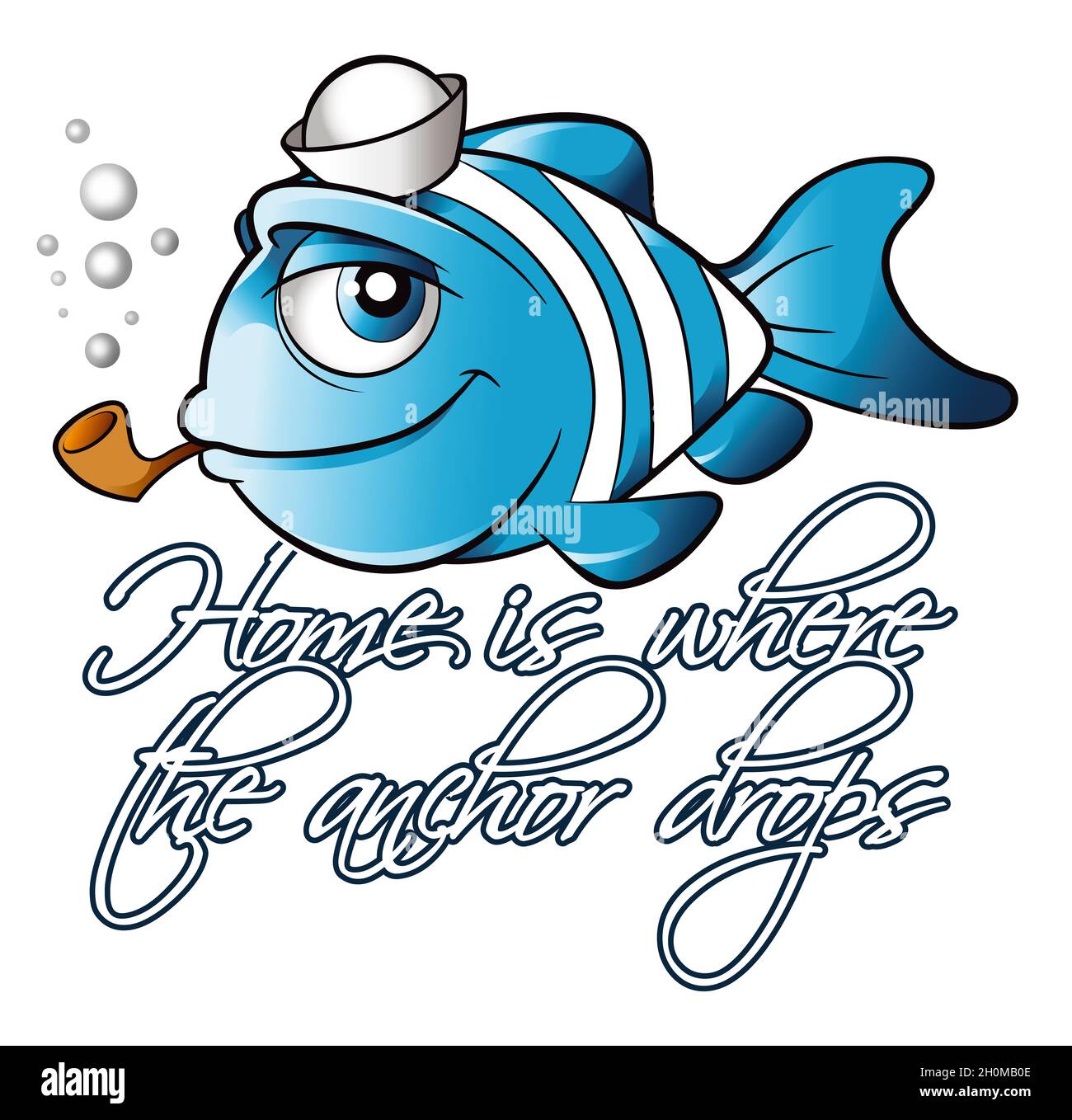Drawing of a fish with a sailor's cap and pipe, with inscription Home, is where the anchor drops Stock Photo