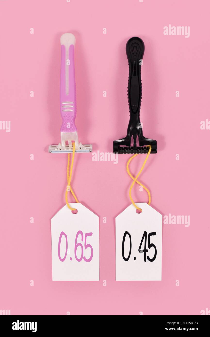 Pink tax and gender stereotypes concept showing pink and black razors marketed to specific genders with different price tags Stock Photo