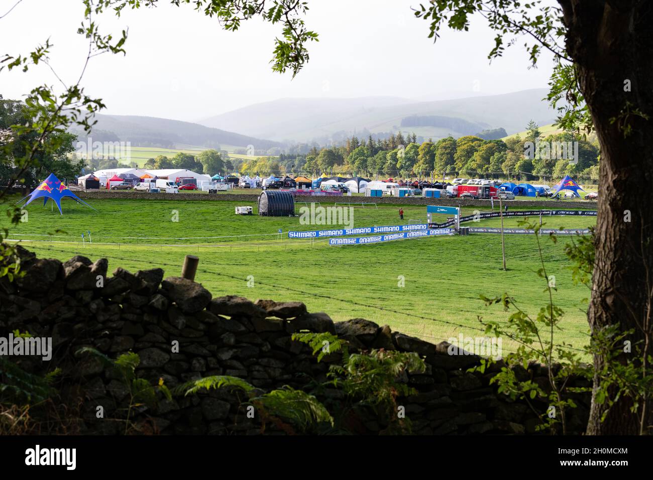 Festival Village and Race Paddock (prior to racing) for the Enduro World Series and Tweed Valley festival, Innerleithen, Scotland, UK Stock Photo