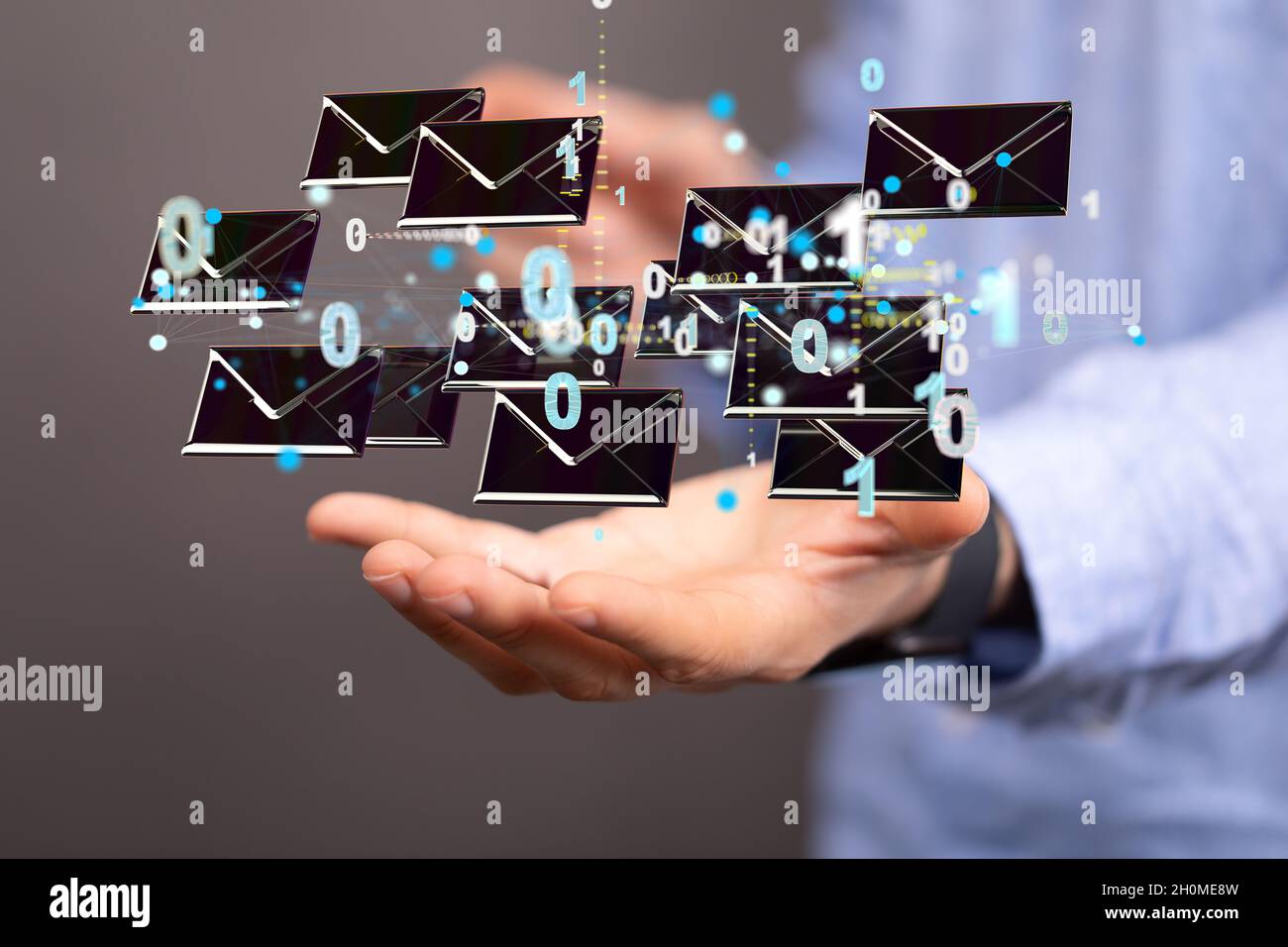 3D rendering of email inbox icons floating on a businessman's hand ...