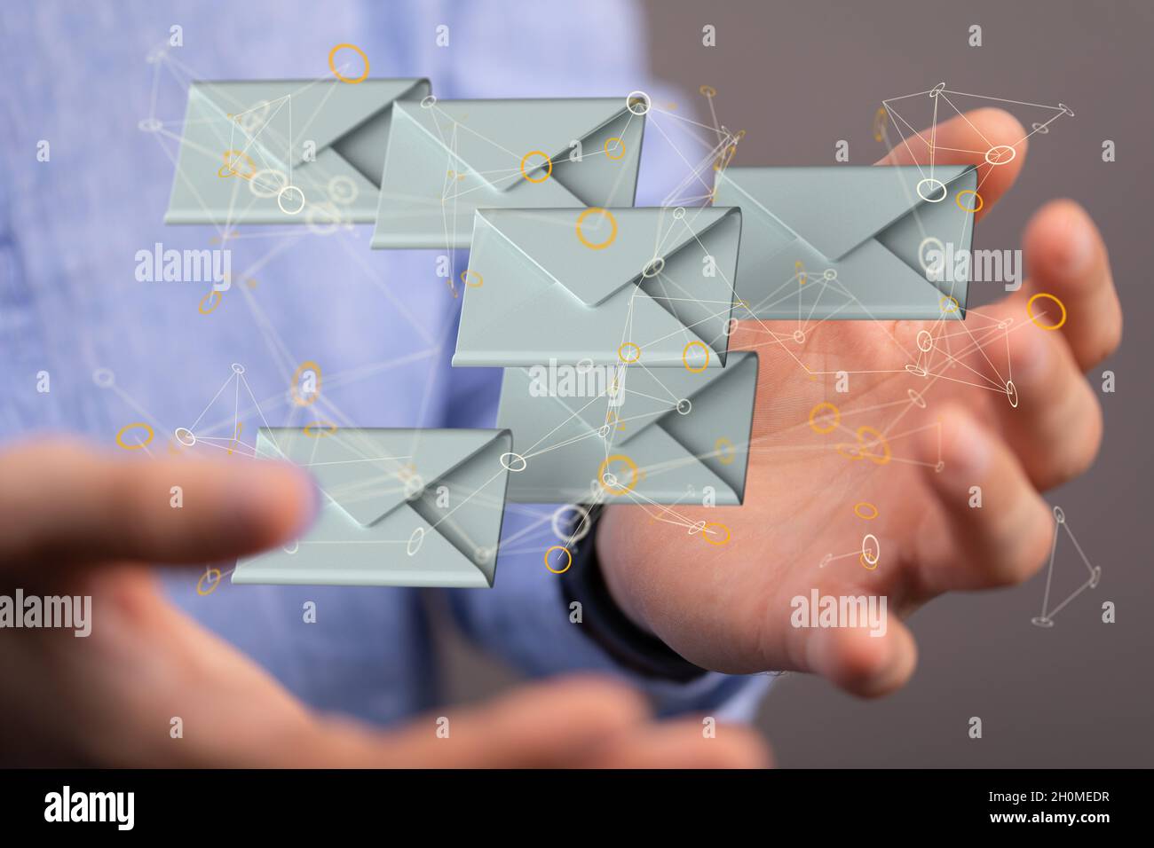 3D rendering of email inbox icons floating on a businessman's hand ...