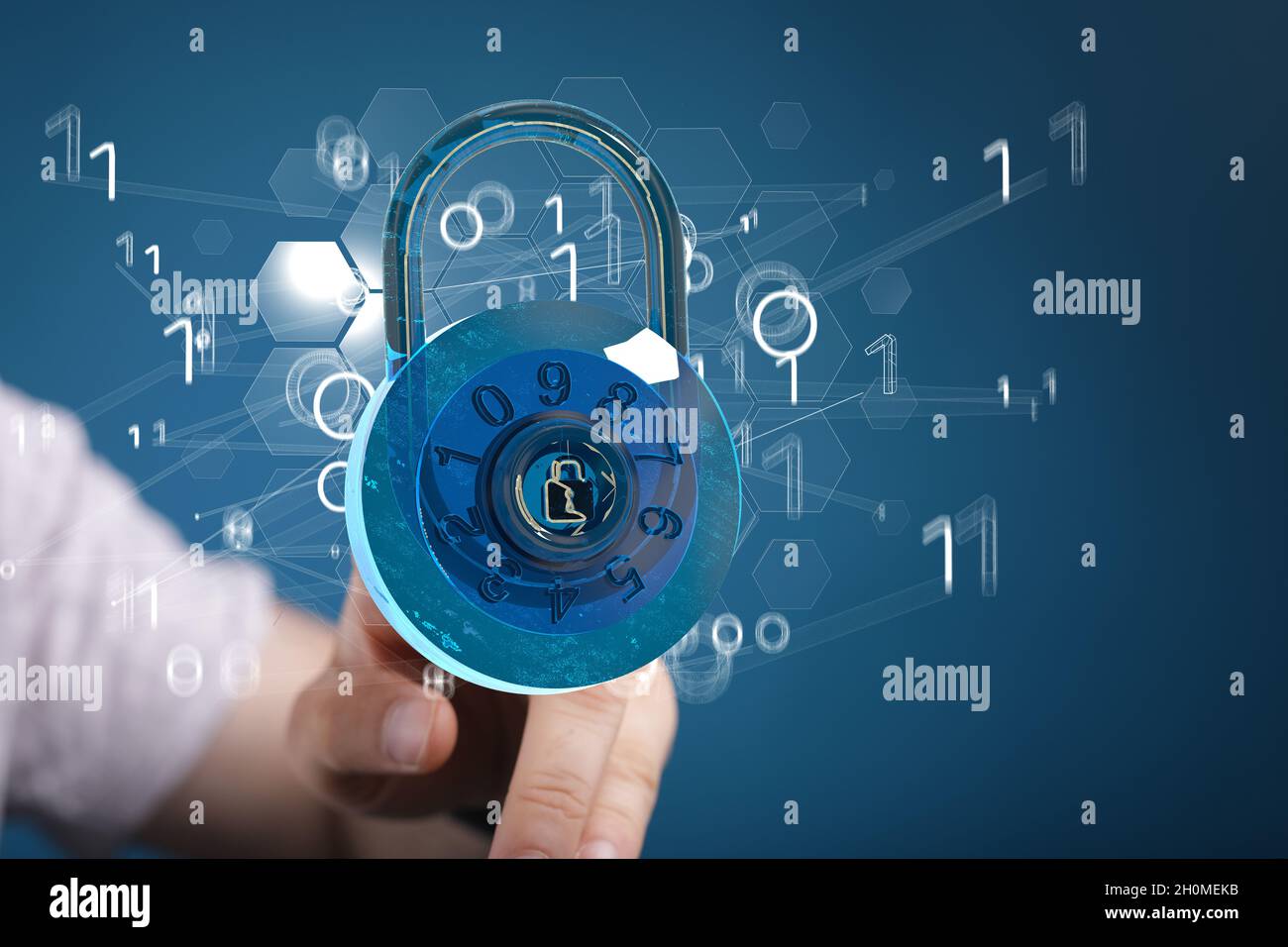 Hand touching 3d lock Stock Photo