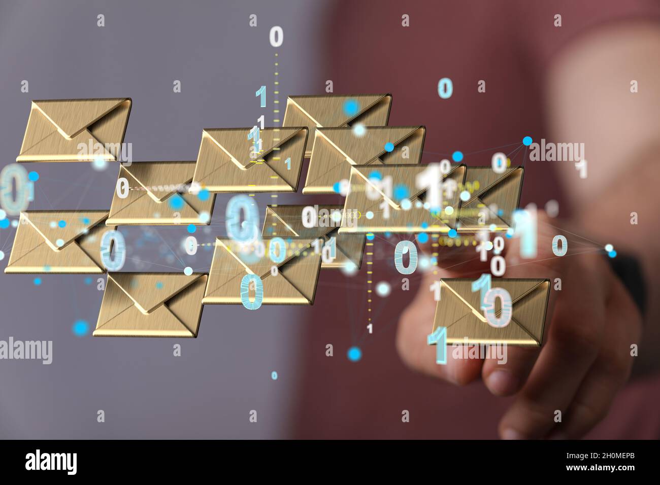 3D rendering of a man pointing at floating email icons - Concept of ...