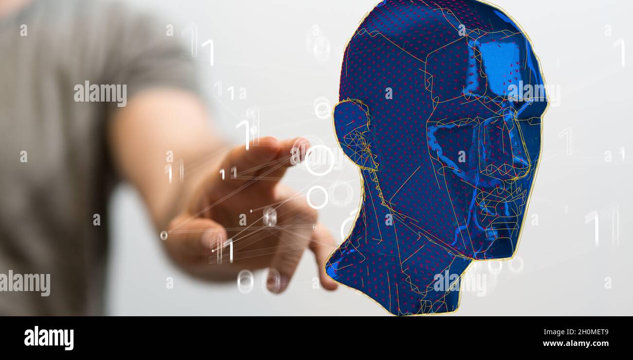 Hand touching rendered head Stock Photo