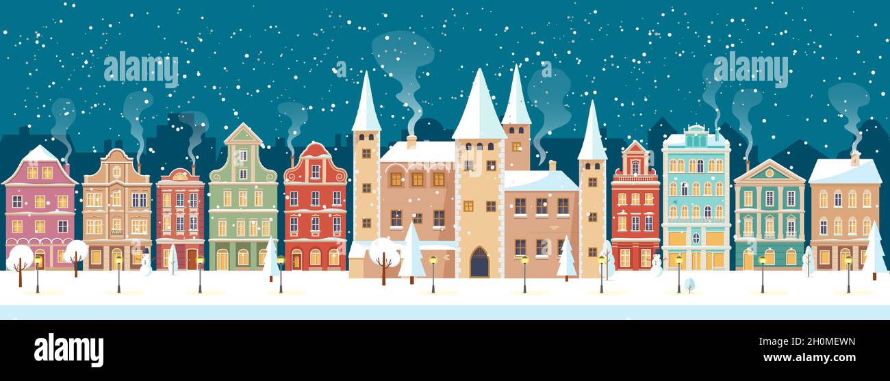 Snowy Christmas night in cozy town city panorama with castle. Winter village landscape, flat style, vector illustration Stock Vector