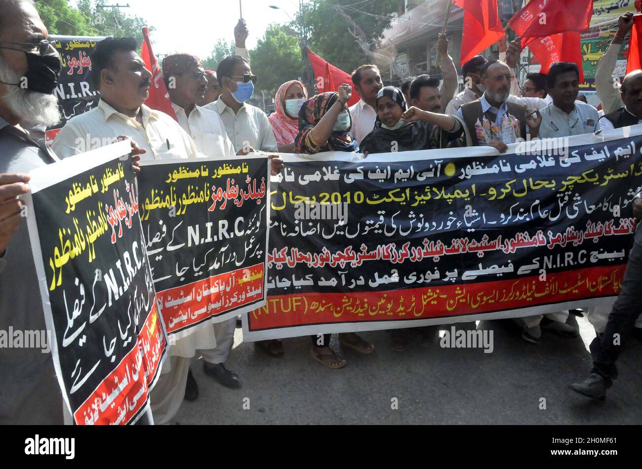 Members of All Pakistan State Life Field Workers Association are holding protest demonstration for restoration of field structure, at Hyderabad press club on Wednesday, October 13, 2021. Stock Photo