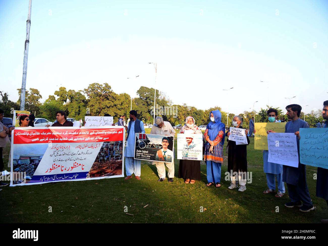 Members of Civil Society are holding protest demonstration against negotiation with Tehreek-e-Taliban Pakistan (TTP), at Islamabad press club on Wednesday, October 13, 2021. Stock Photo