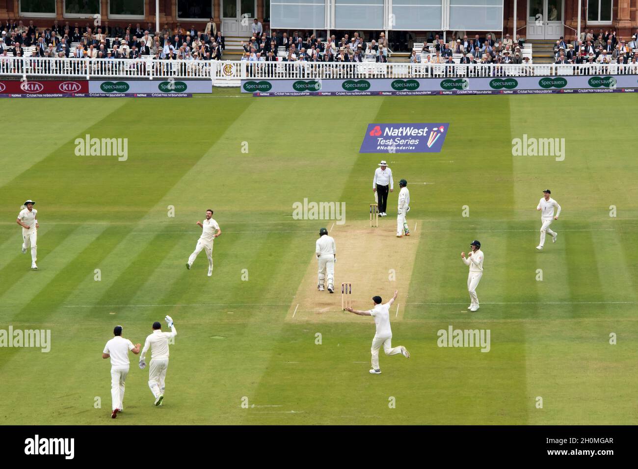 England’s Mark Wood celebrates taking the wicket of Pakistan’s Haris Sohali Stock Photo