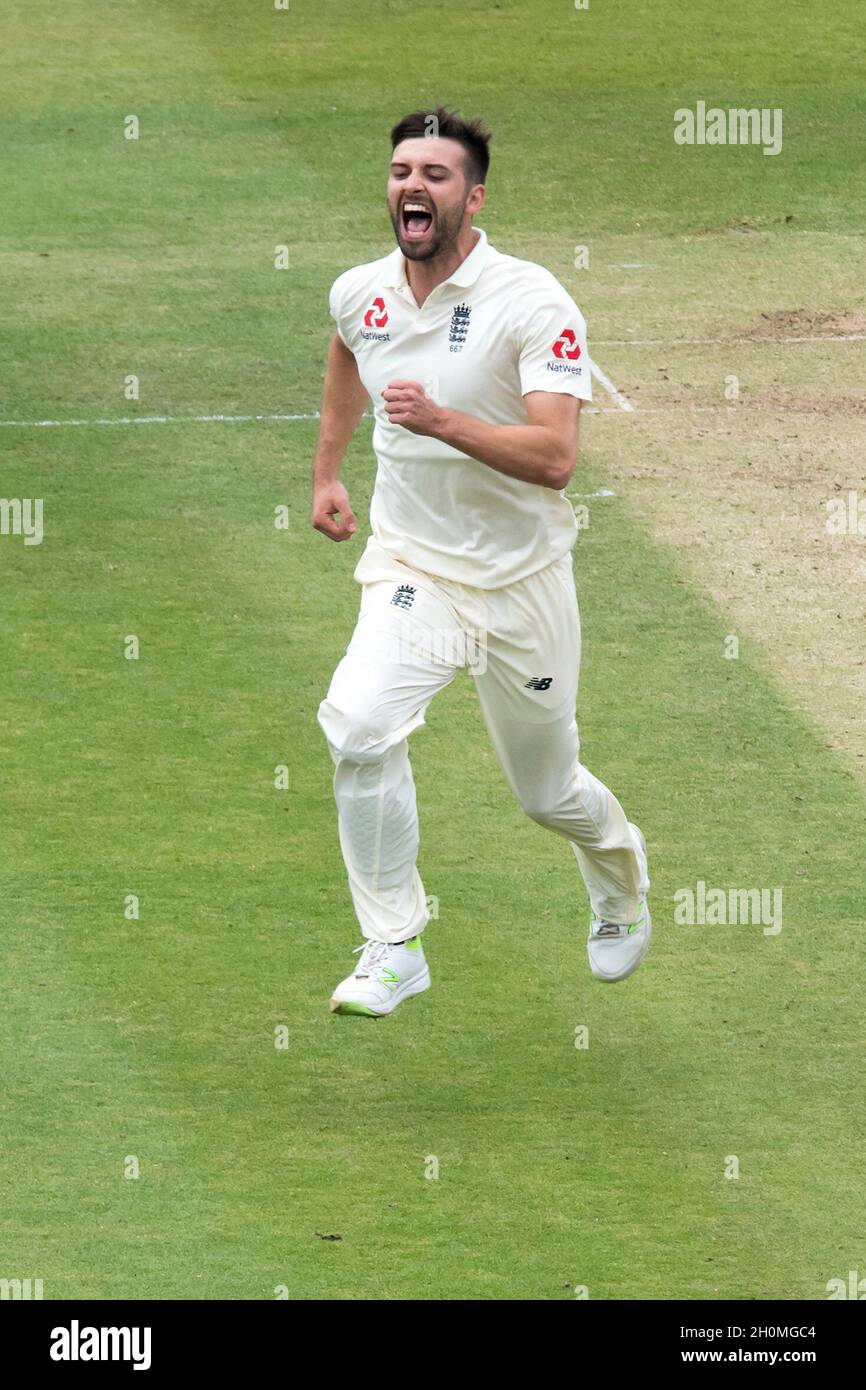 England’s Mark Wood celebrates taking the wicket of Pakistan’s Haris Sohali Stock Photo