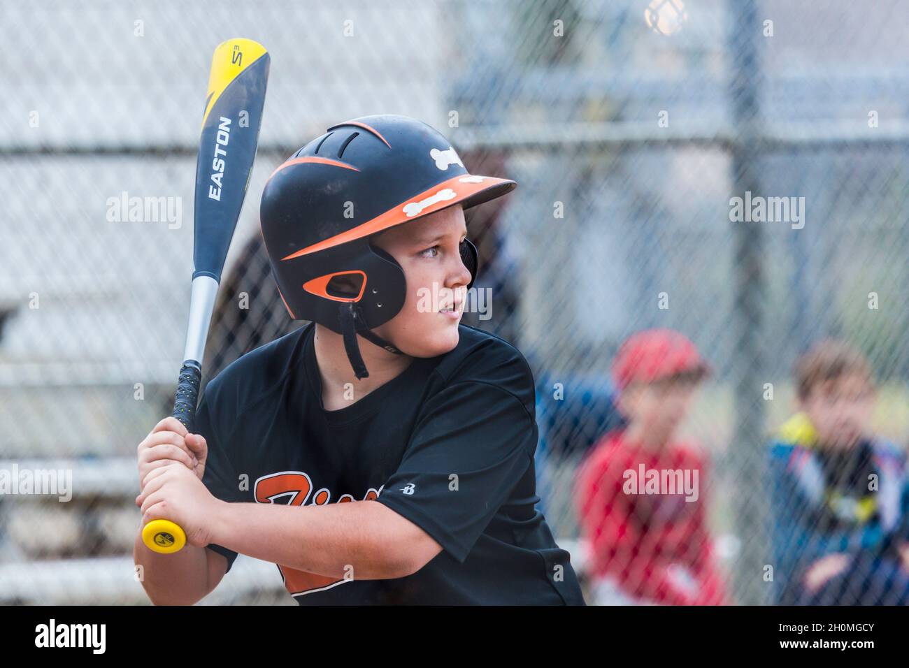Young pre-teen male focusing on the pirched ball while playing baseball in uniform Stock Photo