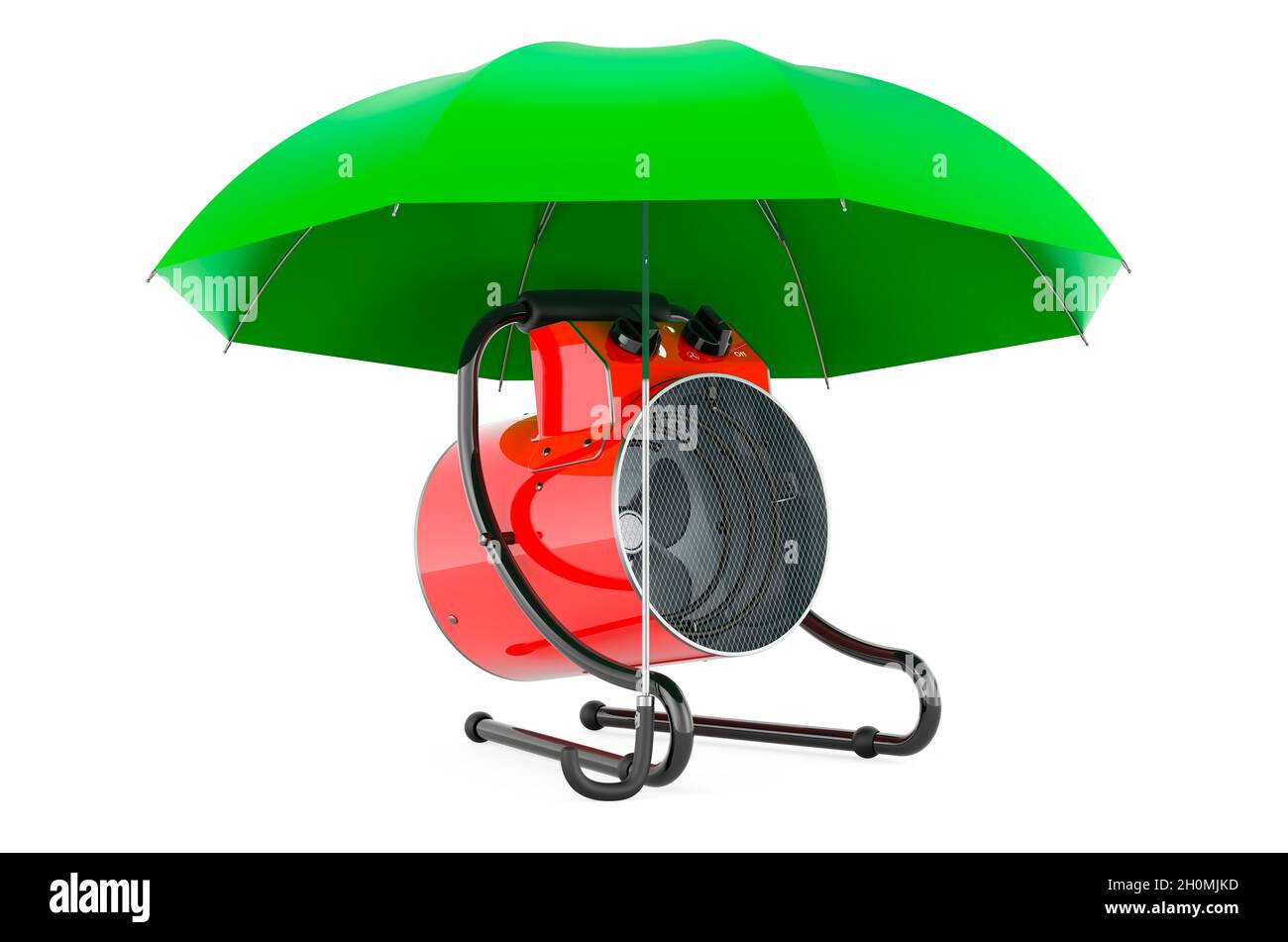 Industrial fan heater under umbrella, 3D rendering isolated on white ...