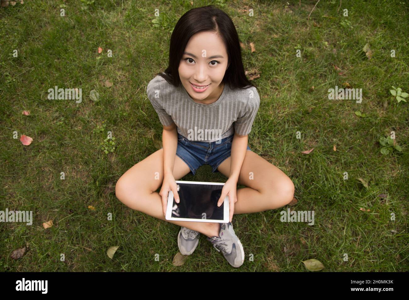 Cheerful young woman using her tablet computer on the lawn Stock Photo