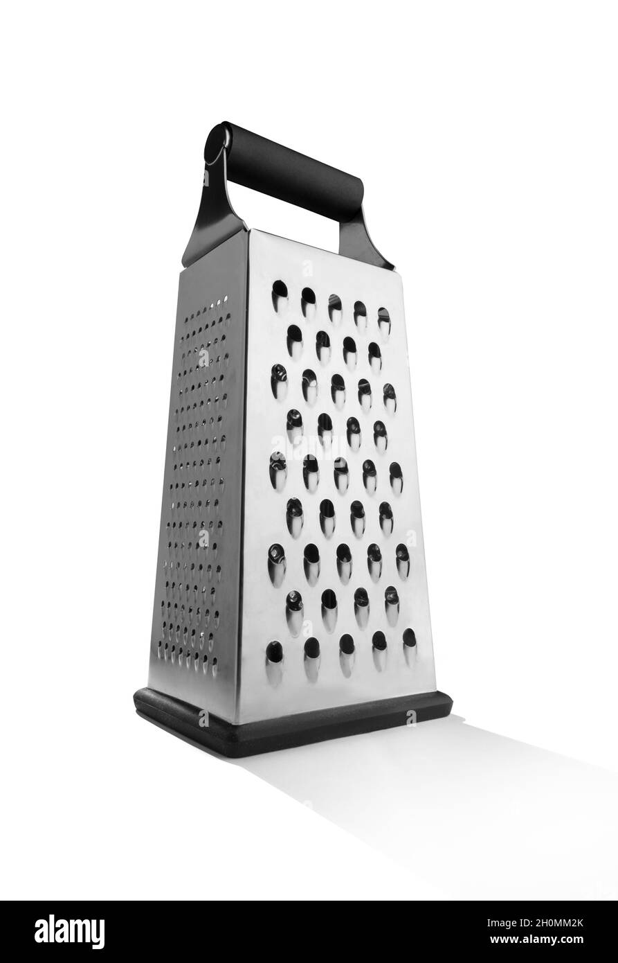 Metal grater with black handle isolated on white background Stock Photo