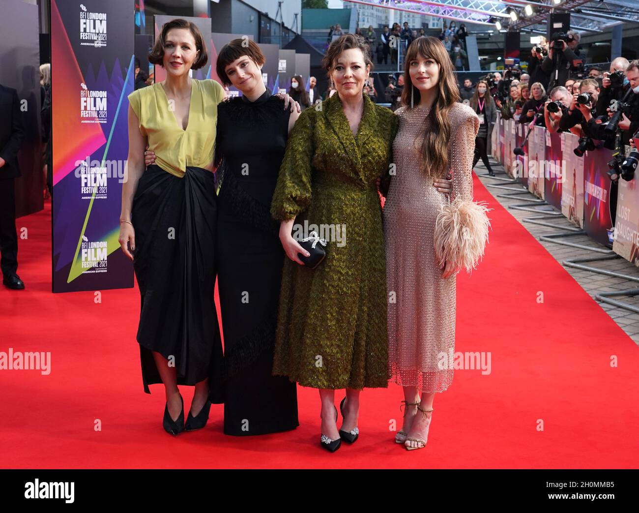 Maggie Gyllenhaal, Jessie Buckley, Olivia Colman and Dakota Johnson arrive for the UK premiere of 'The Lost Daughter', at the Royal Festival Hall in London during the BFI London Film Festival. Issue date: Wednesday October 13, 2021. Stock Photo