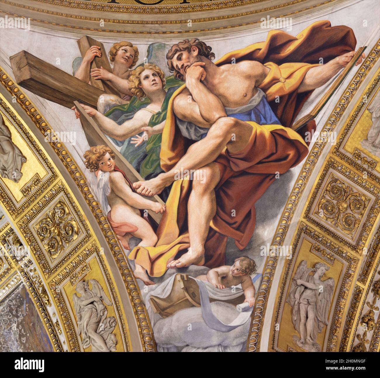 ROME, ITALY - AUGUST 27, 2021: The fresco of St. Matthew the Evangelist in the church Basilica di Sant Andrea della Valle by  Zampieri (Domenichino) Stock Photo