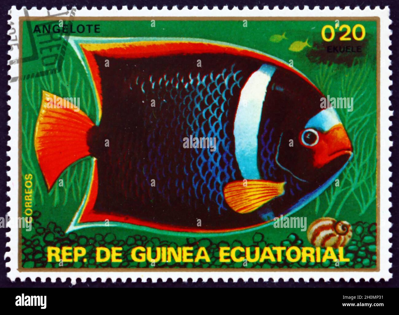 EQUATORIAL GUINEA - CIRCA 1979: a stamp printed in Equatorial Guinea shows King Angelfish, Holacanthus Passer, Fish, circa 1976 Stock Photo