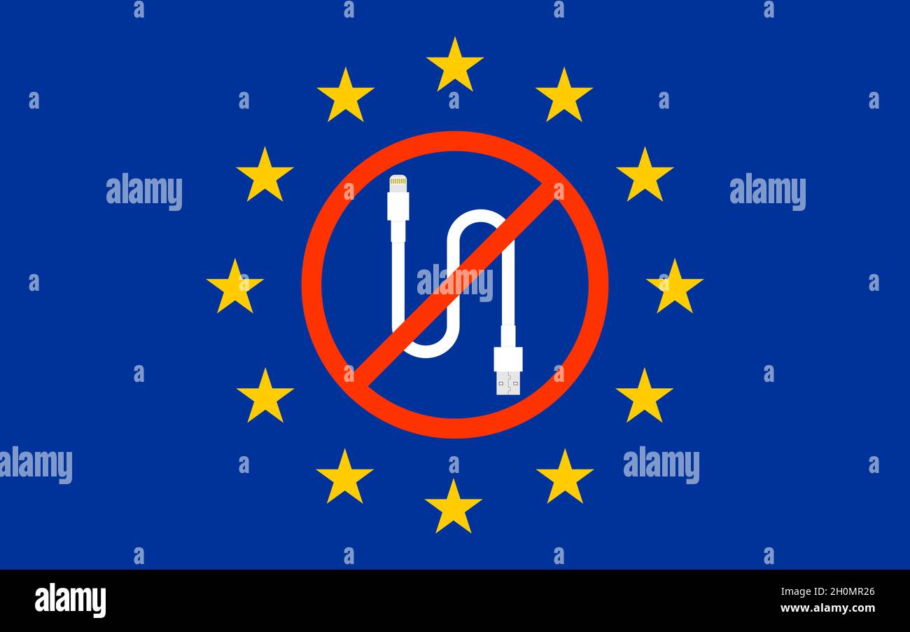 Banned lightning cable on European Union flag. EU rules to force USB-C  (type-c) chargers for all phones Stock Photo - Alamy