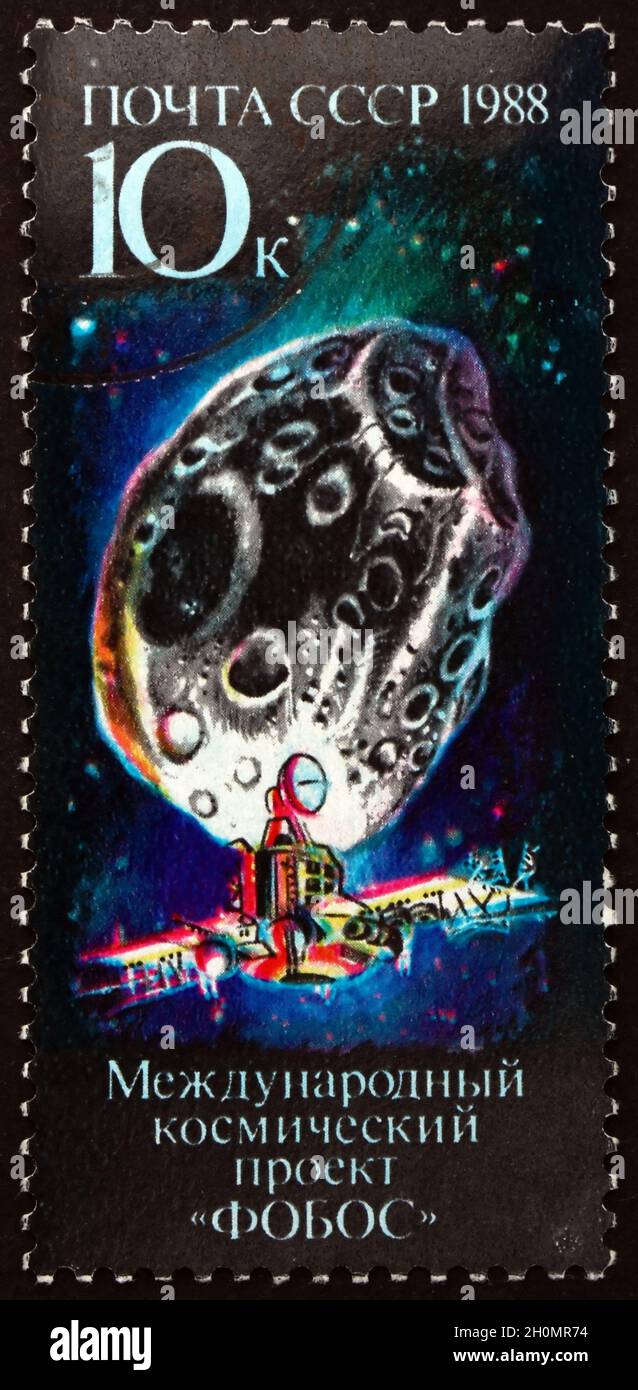 RUSSIA - CIRCA 1988: a stamp printed in the Russia shows Phobos, Natural Satellite of Mars, International Space Project, circa 1988 Stock Photo