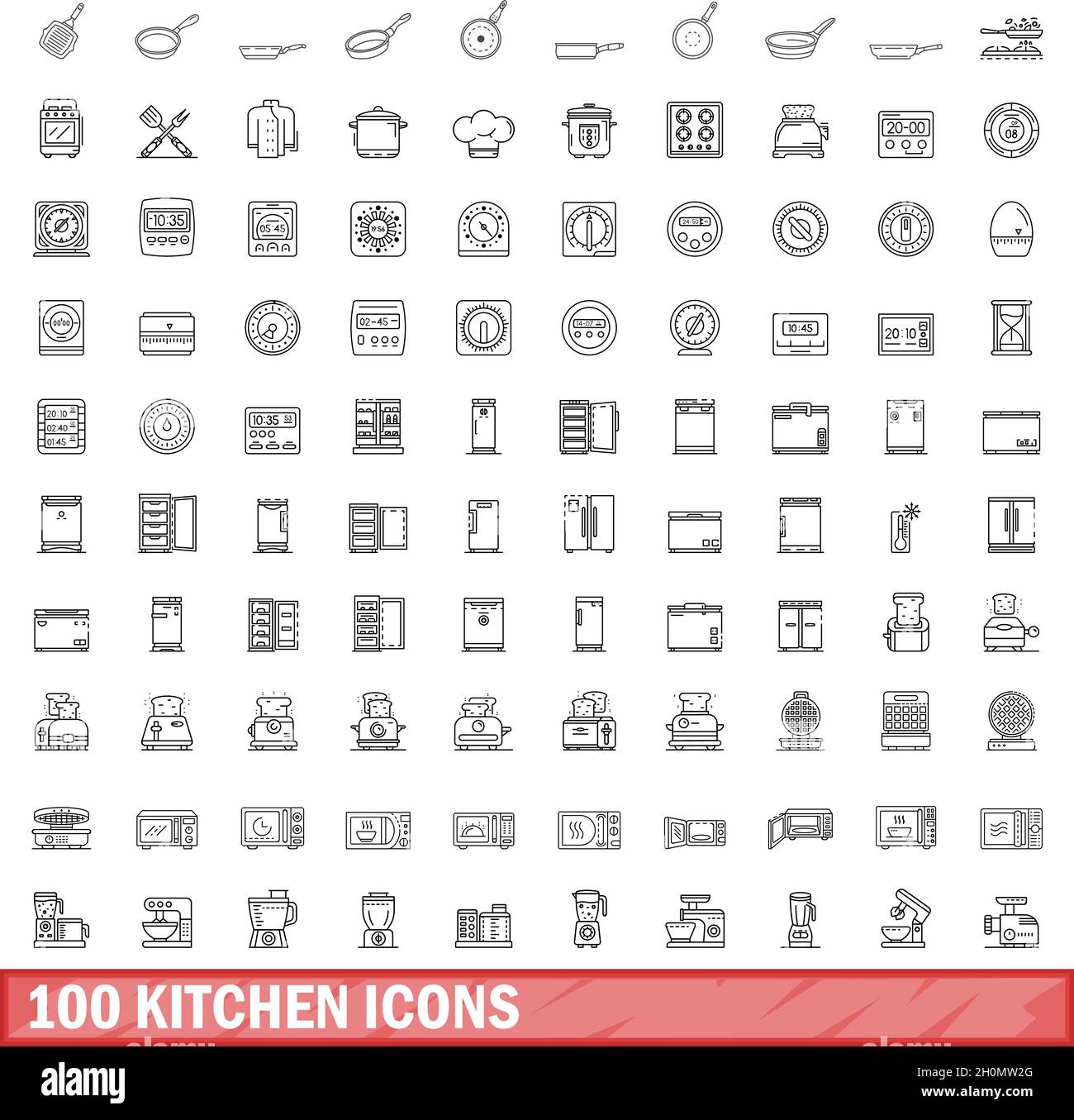 100 kitchen icons set. Outline illustration of 100 kitchen icons vector ...