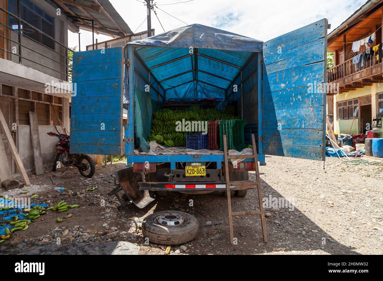Pilcopata, Peru - April 10, 2014: A transport truck, loaded with plantains and bananas, parked in the surroundings of the small town of Pilcopata Stock Photo