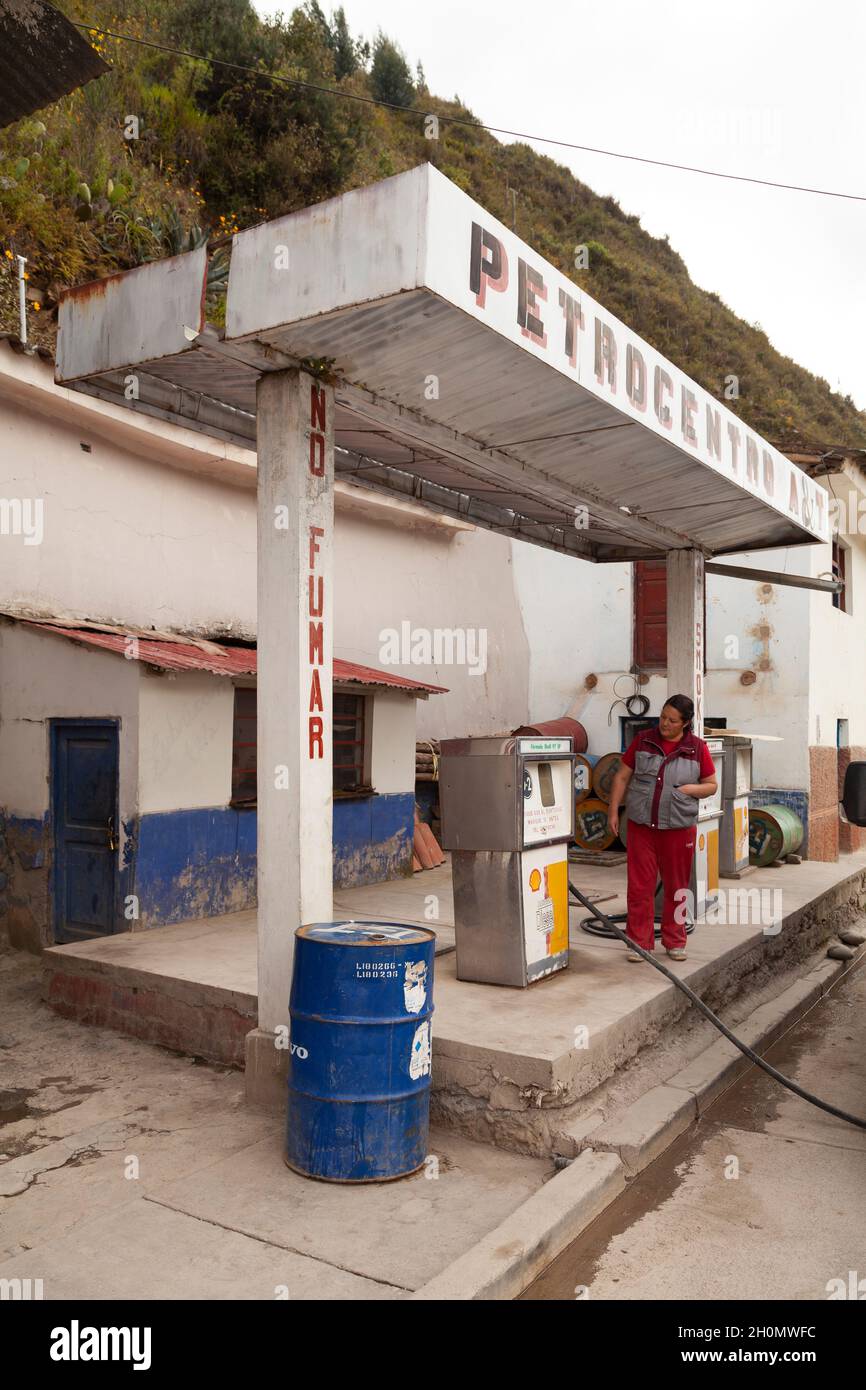 Paucartambo, Peru - April 12, 2014: An old Petrocentro or gas station, on the road to Manu, in the direction of Pilcopata and the cloud forests Stock Photo