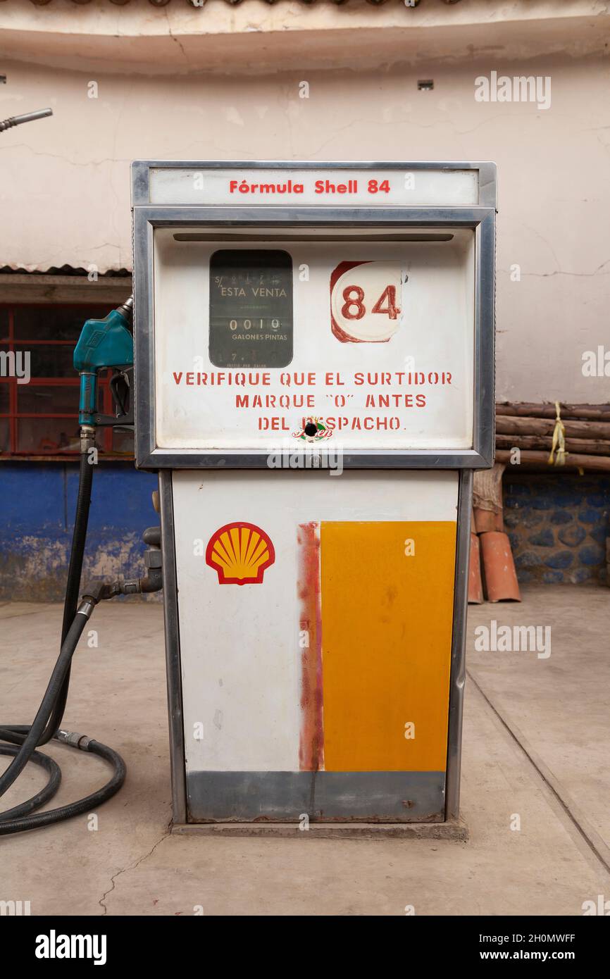 Paucartambo, Peru - April 12, 2014: Old gas pump on the road to Manu, direction Pilcopata and cloud forests Stock Photo