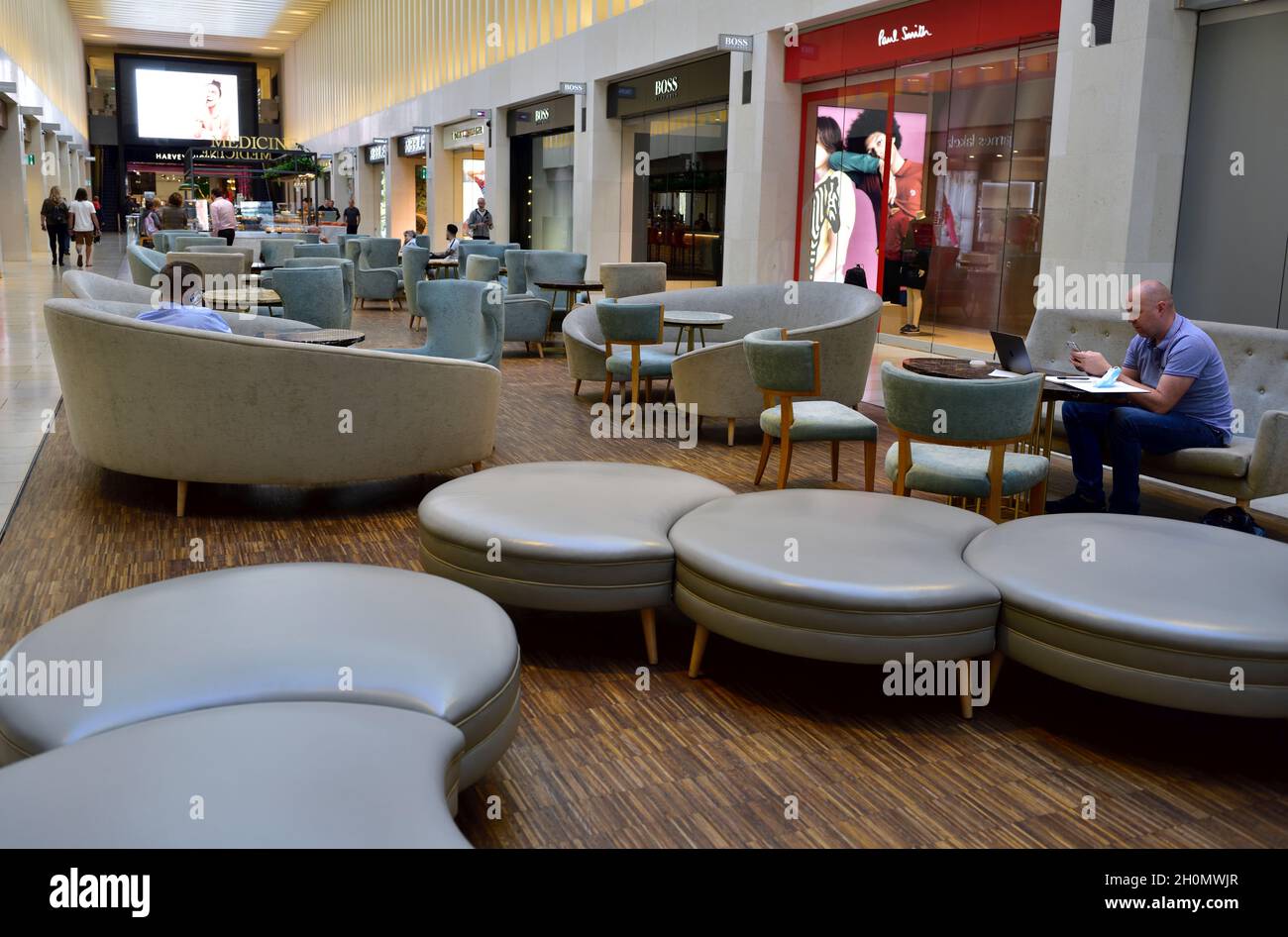 Inside the “Mailbox Birmingham” Luxury shopping centre, mixed use building, offices, shops, and