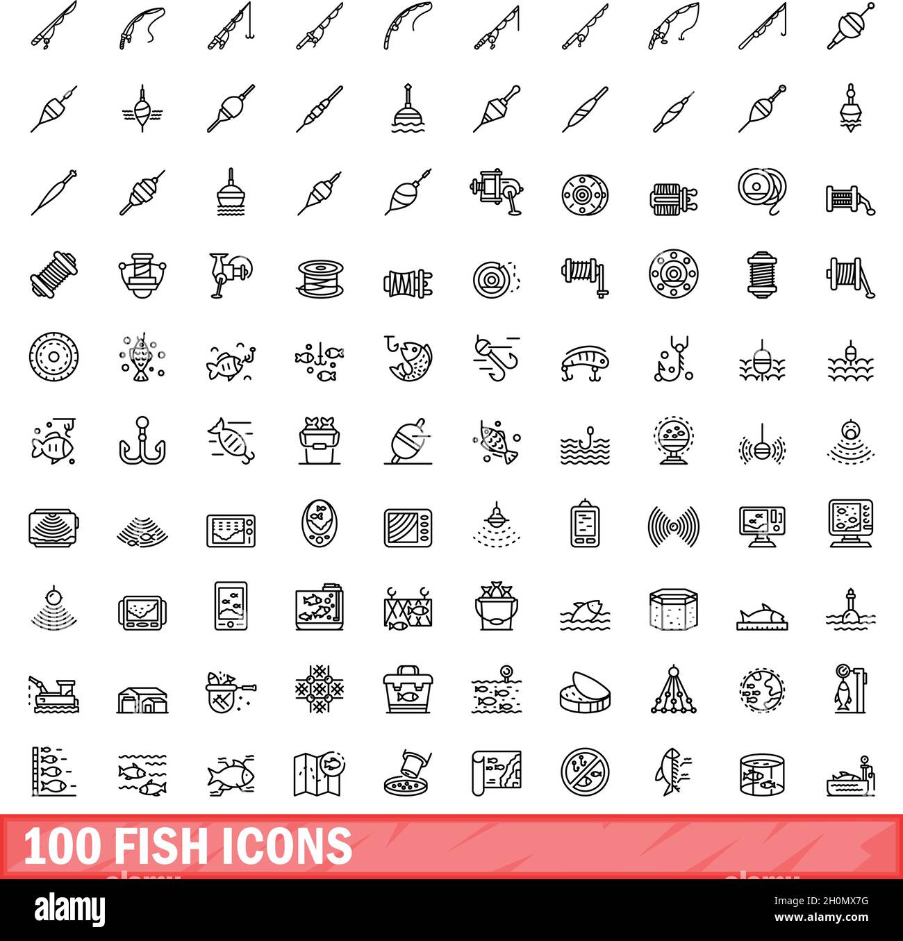 100 fish icons set. Outline illustration of 100 fish icons vector set isolated on white background Stock Vector