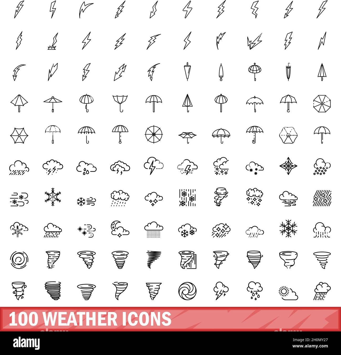 100 weather icons set. Outline illustration of 100 weather icons vector set isolated on white