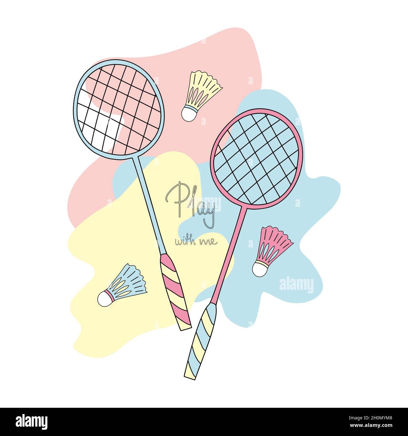 Doodle style badminton rackets and shuttlecocks. Lettering Play with me. Vector illustration. Stock Vector