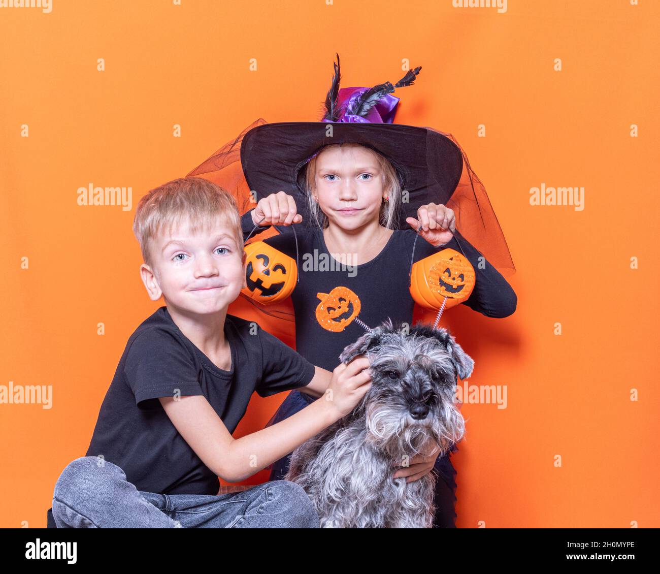 Halloween family holiday. A girl in a witch costume holding a witch's basket with sweets and a boy and a dog on an orange background. Spooky Halloween Stock Photo