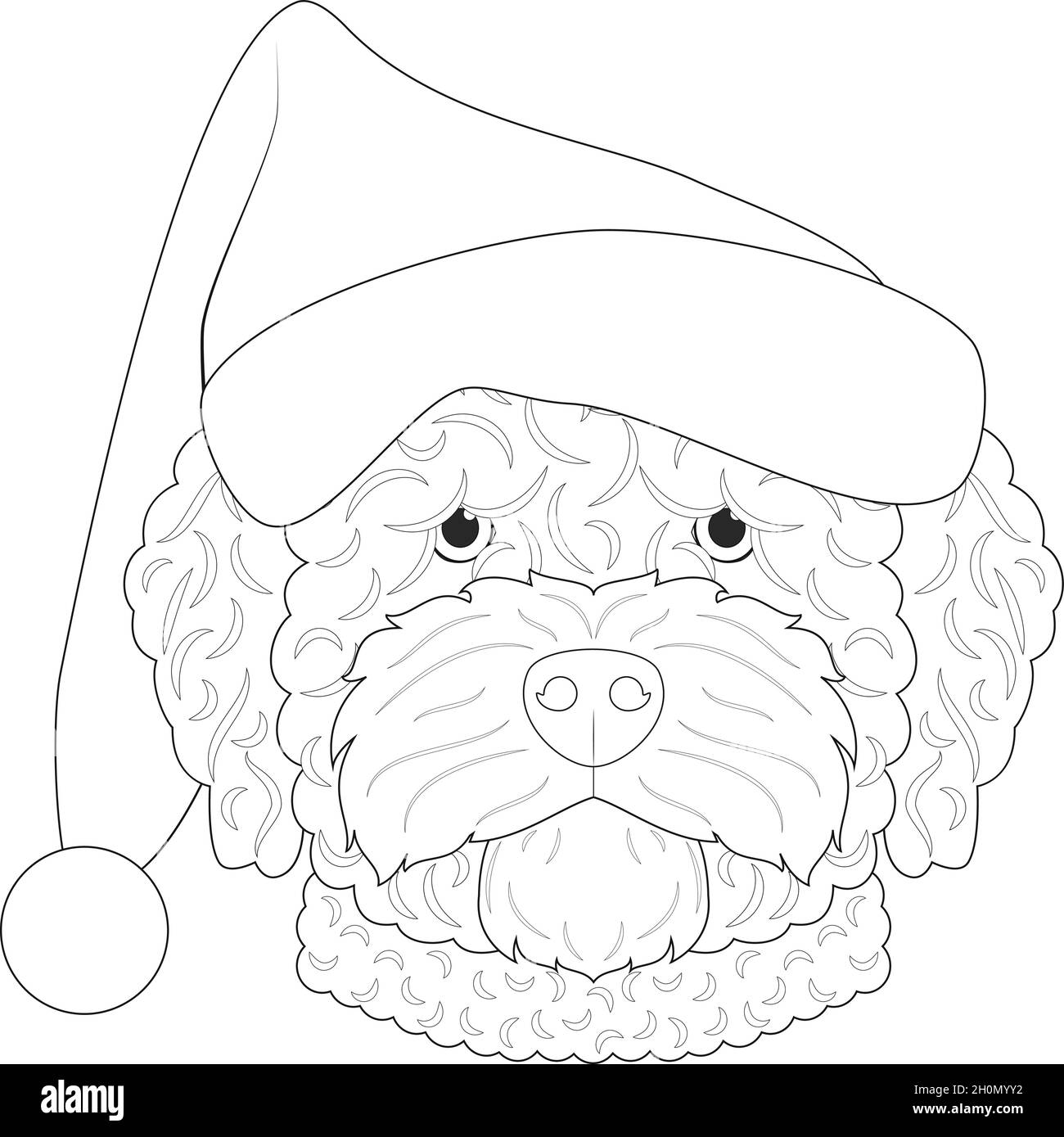 Christmas greeting card for coloring. Spanish Water dog with Santa's hat Stock Vector