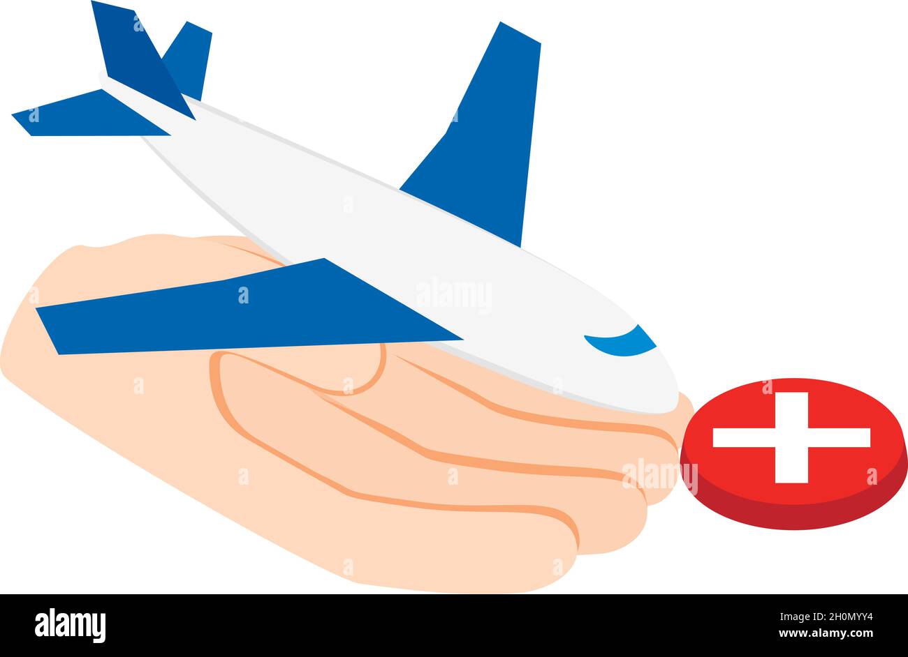 Aviation insurance icon isometric vector. Human hand holding plane, red button. Travel insurance, protection concept Stock Vector