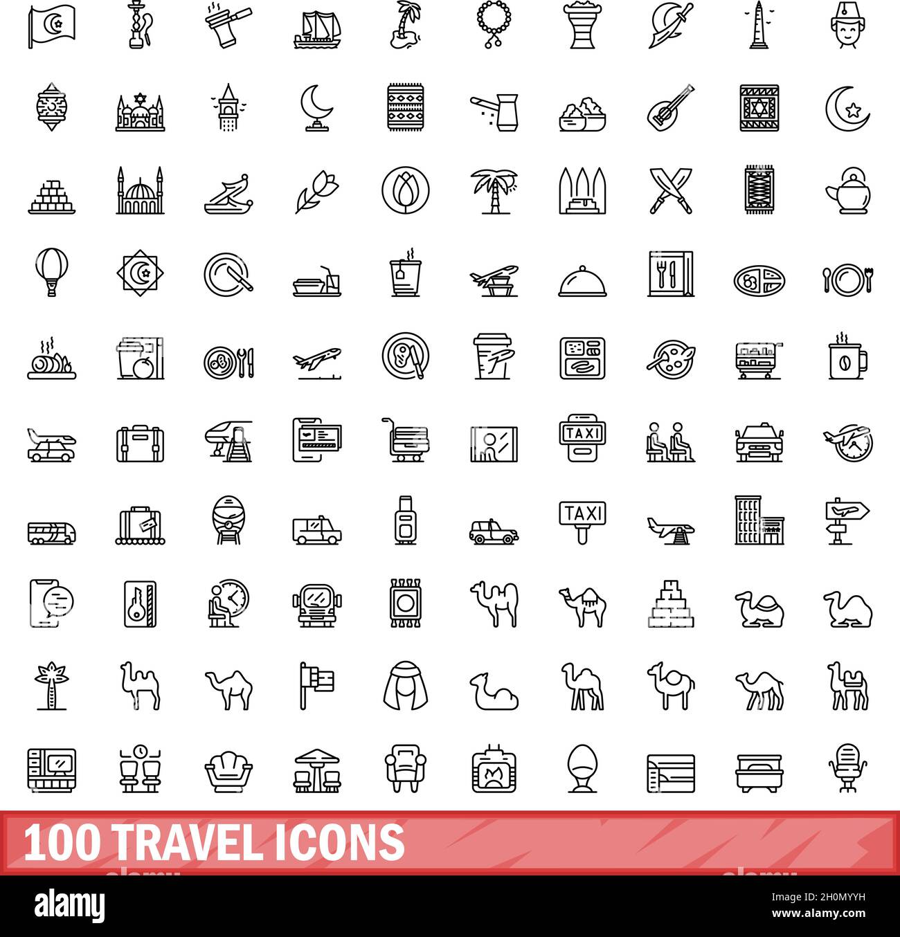 100 travel icons set. Outline illustration of 100 travel icons vector set isolated on white background Stock Vector