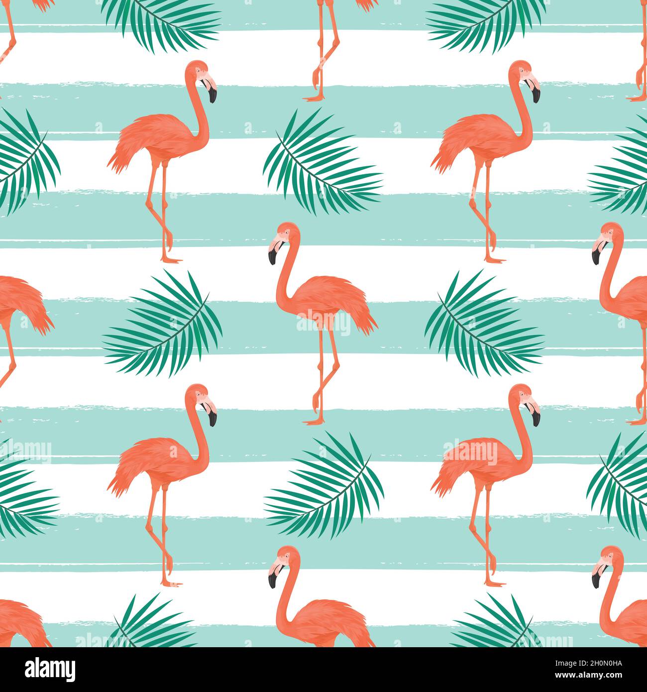 Seamless Pattern with Flamingo Bird and Tropical Leaves on Striped ...