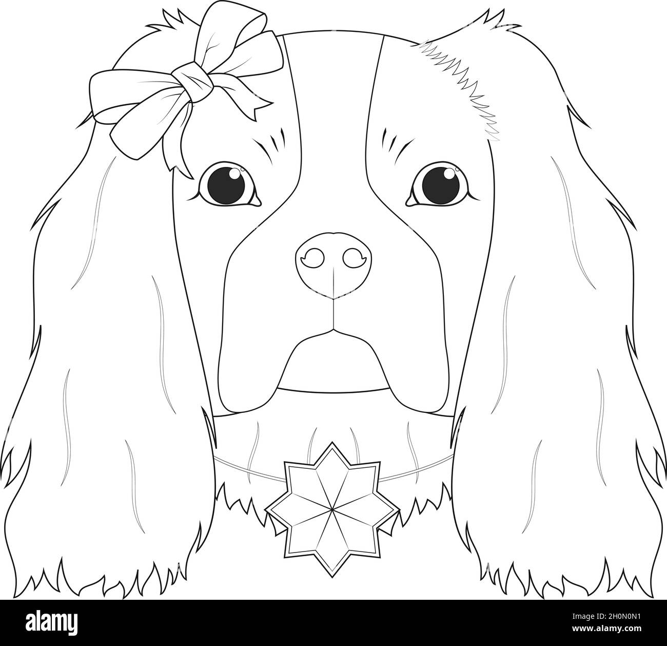 Christmas greeting card for coloring. Cavalier King Charles Spaniel dog with a bow and a Christmas ornament Stock Vector