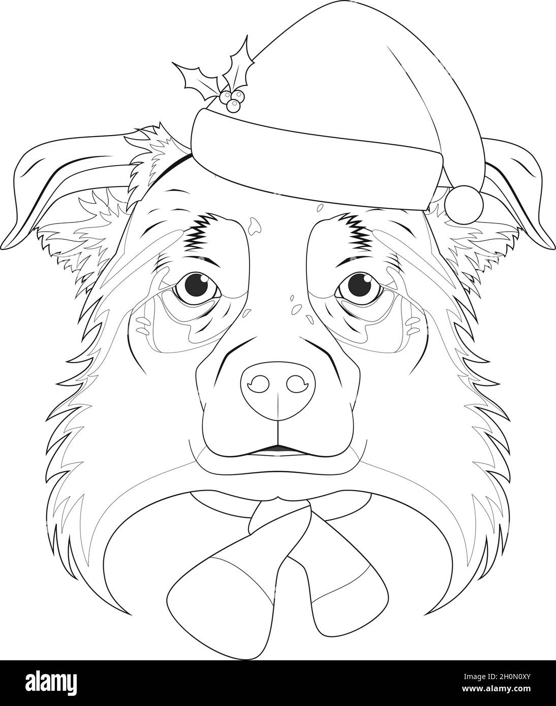 Christmas greeting card for coloring. Australian Sheperd dog with Santa