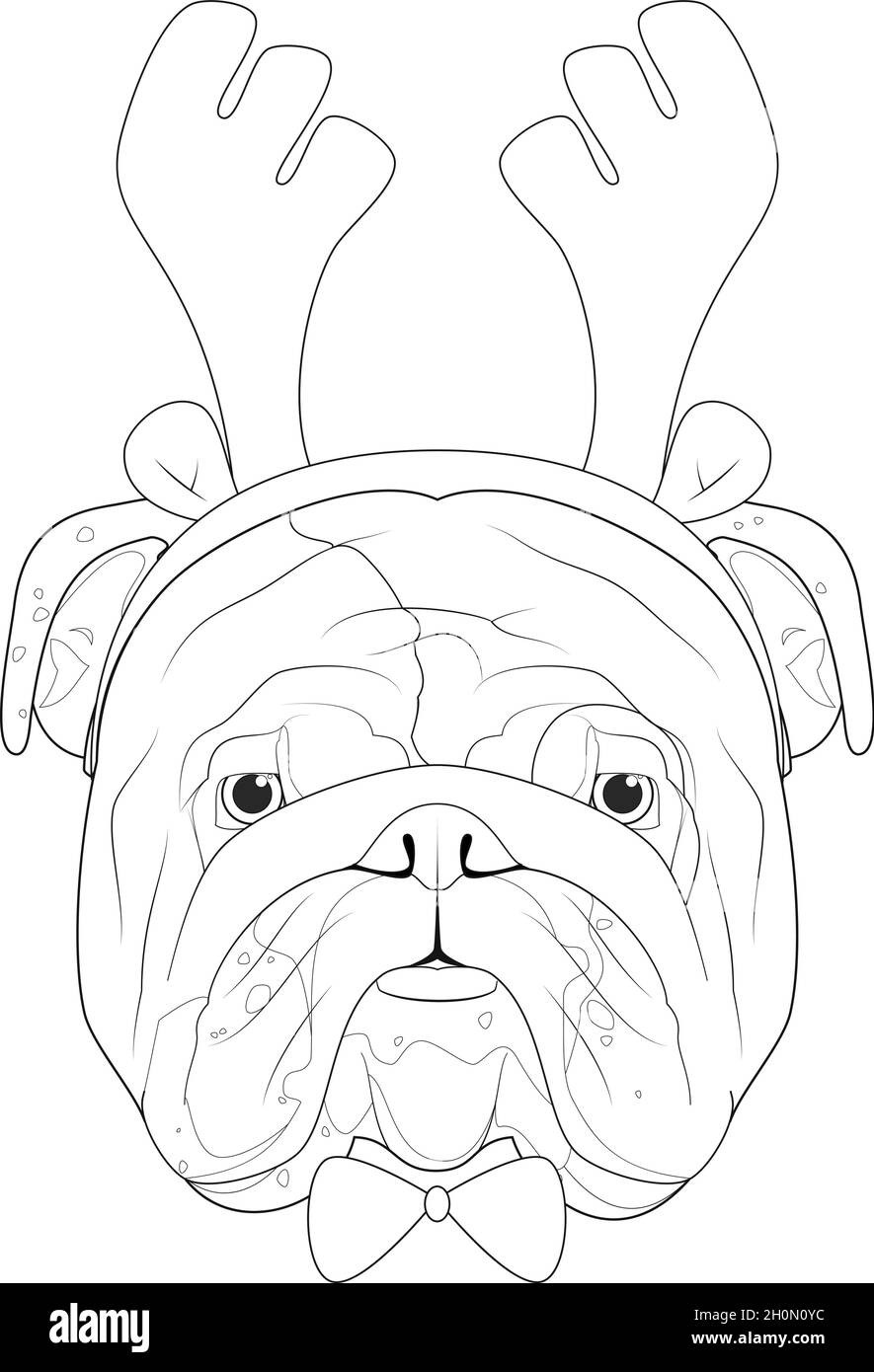 Christmas greeting card for coloring. English Bulldog dog with reindeer horns Stock Vector