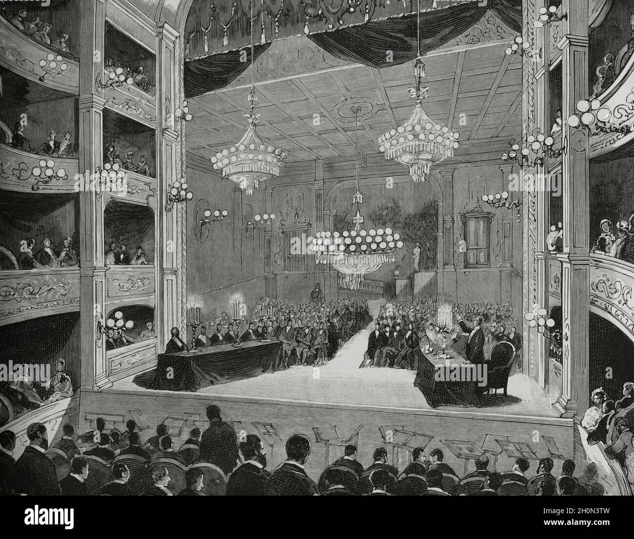 Spain, Catalonia, Barcelona. Protectionist meeting, held at the Teatro  Principal (Principal Theatre) by the Instituto Nacional del Trabajo  (National L Stock Photo - Alamy